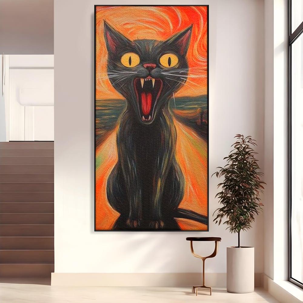 Tablou canvas cu tablou canvas cu pisica neagra care urla, in rama de aluminiu negru